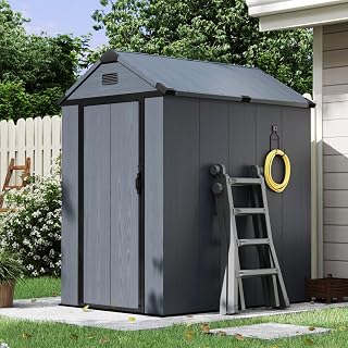 Aoxun 4×6 FT All-Weather Resin Storage Shed, Dark Gray | Weatherproof Resin Shed with Reinforced Floor, Lockable Door & Vent, Stores Bikes & Garden Yard Supplies