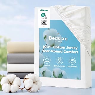 Bedsure Small Double Fitted Sheet - 100% Cotton Jersey, 40cm Deep, White