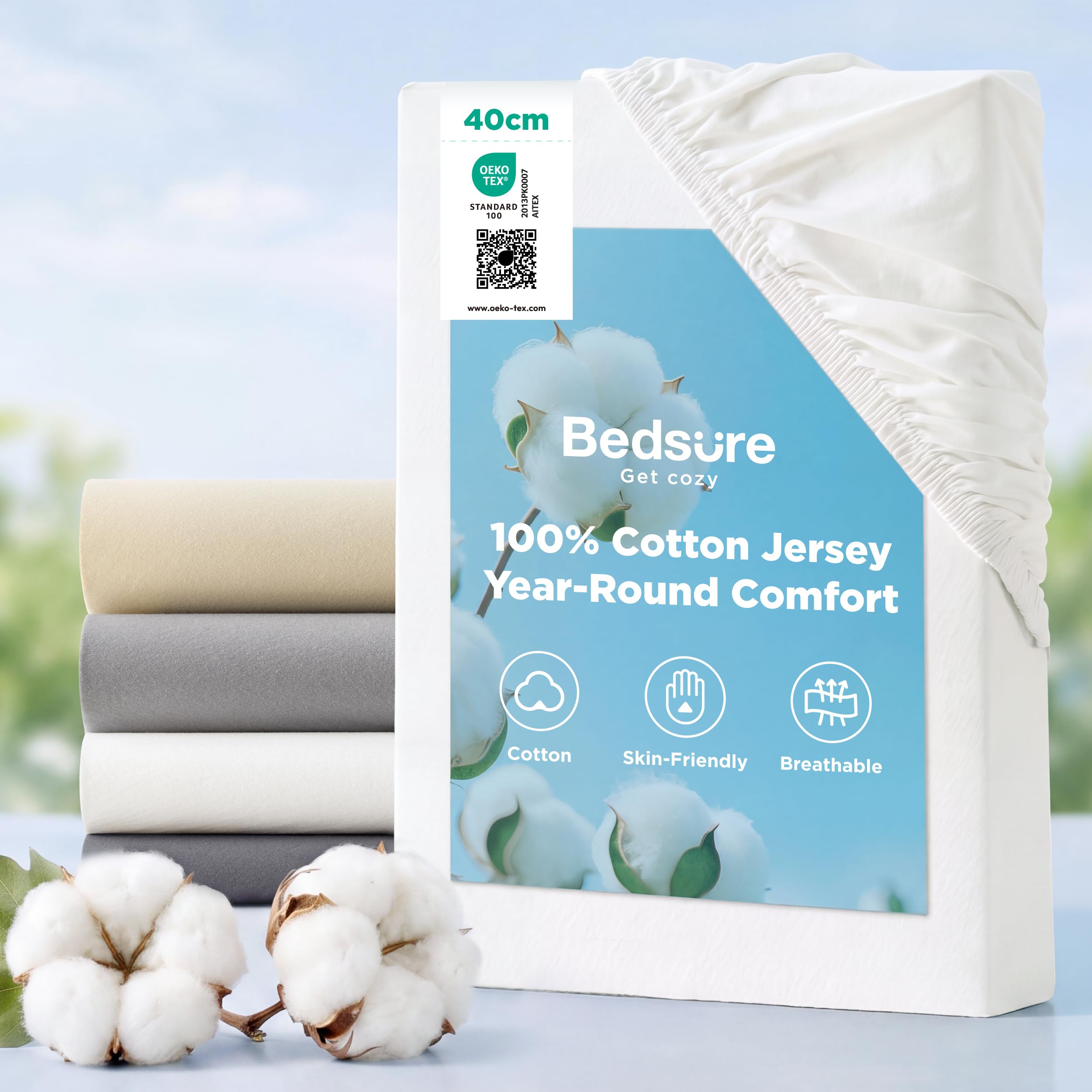 Bedsure Small Double Fitted Sheet - 100% Cotton Jersey, 40cm Deep, White