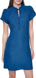 DKNY Women's Front Tie Ruffle Neckline Trapeze Dress