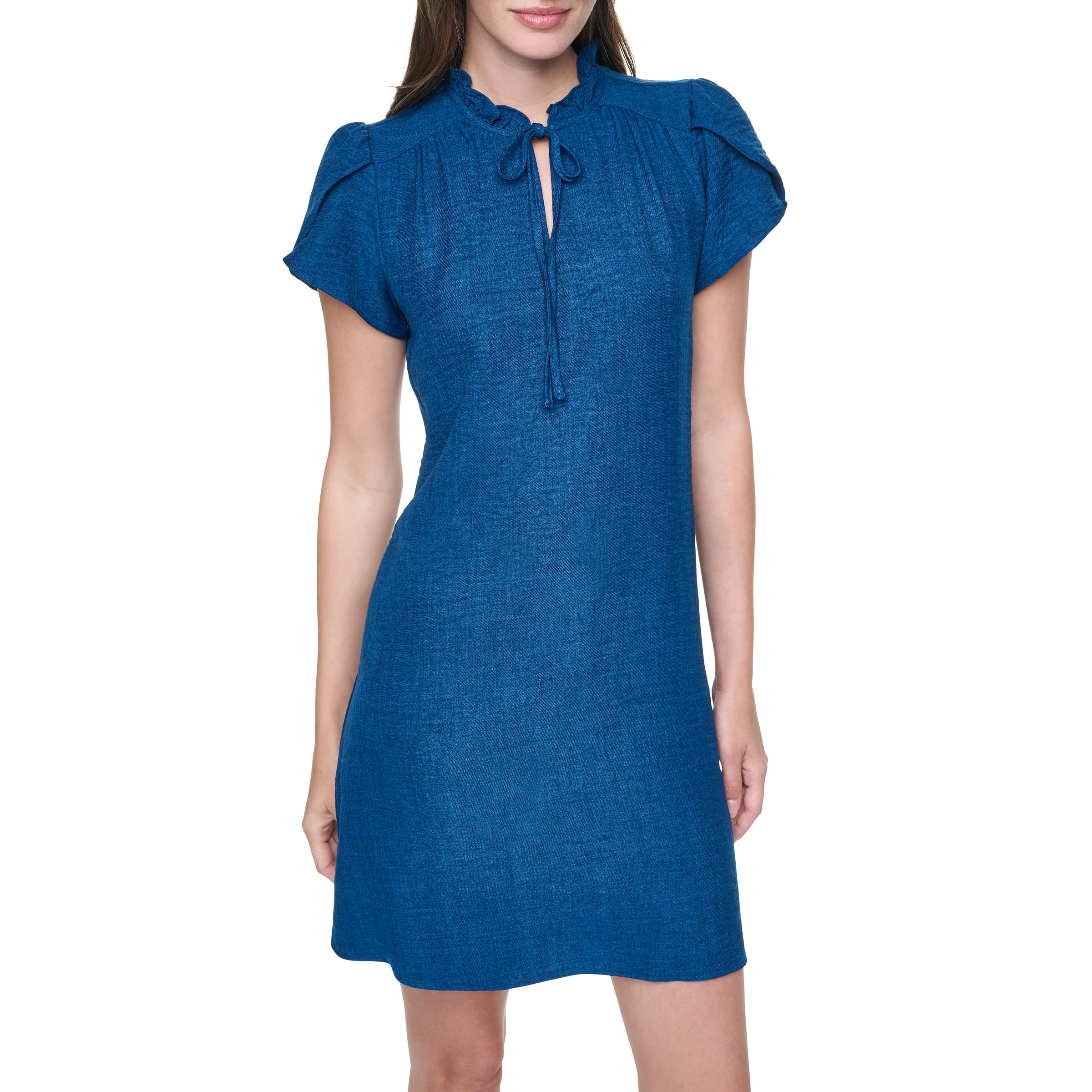 DKNY Women's Front Tie Ruffle Neckline Trapeze Dress