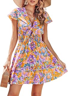 PRETTYGARDEN Women Mini Dress 2023 Summer Swing Tie Front V Neck Short Sleeve Ruffle Layer A-Line Short Dress
