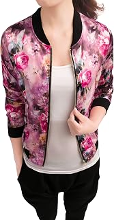 Allegra K Women's Bomber Jacket Satin Long Sleeve Floral Coat with Pocket