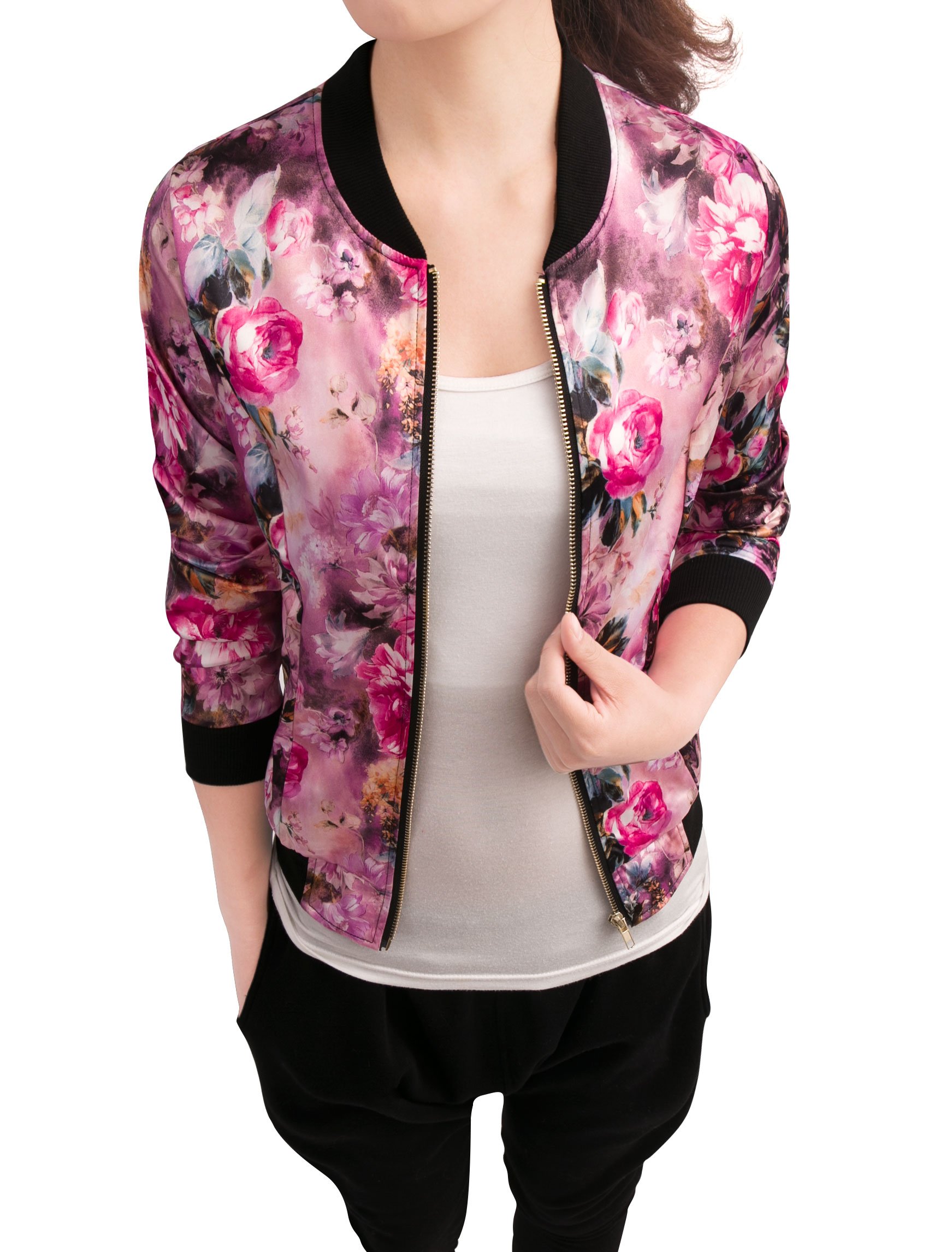 Allegra K Women's Bomber Jacket Satin Long Sleeve Floral Coat with Pocket