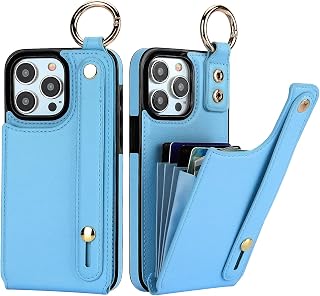 Folosu for iPhone 15 Pro Max Wallet Case with Card Holder, Hand Wrist Strap Loop Holder Kickstand, RFID Blocking Finger Grip Ring PU Leather Double Buttons Shockproof Cover 6.7" Blue