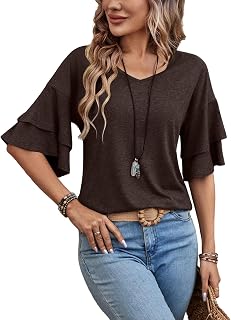 Women Blouses Ruffle Sleeve V Neck Two Tiers Bell Sleeve Top Spring Autumn Summer Fashion Clothes Cute Tunic