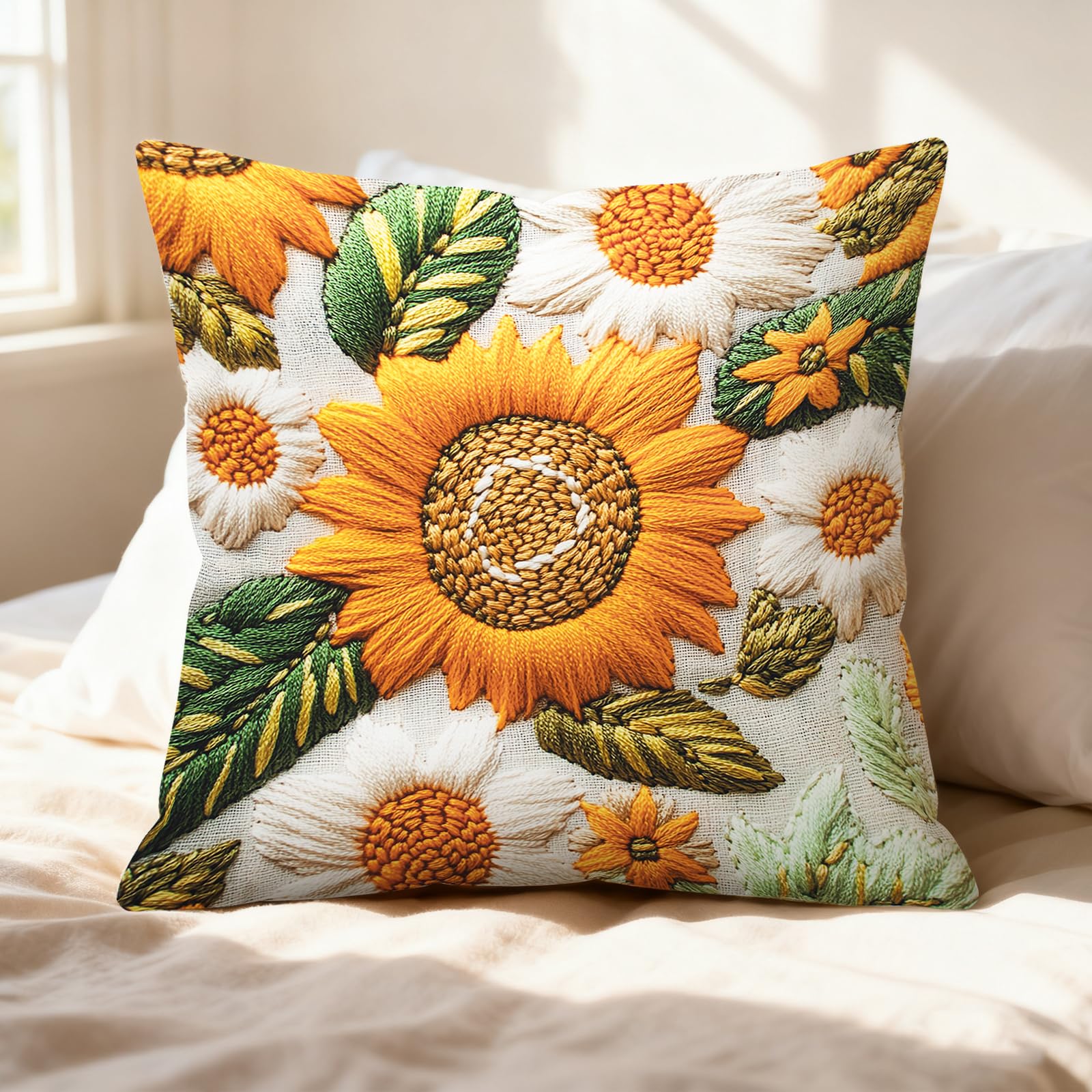 Throw Pillow Covers, 17.5 x 17.5 Inch Lavender Sunflower Pattern, Plaid Linen Cu