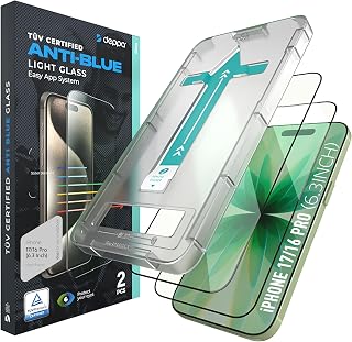 Deppa |2 Pack| for iPhone 17/ iPhone 16 Pro (6.3') Anti-Blue Light Screen Protector | Scratch Resistant Tempered Glass | 3D Edge to Edge Coverage | Easy Installation Kit | Eye Safeguard TÜV Certified