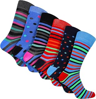6 Pairs Mens Soft Bamboo Patterned Crew Socks | Striped Bright & Colourful Designs Breathable Socks