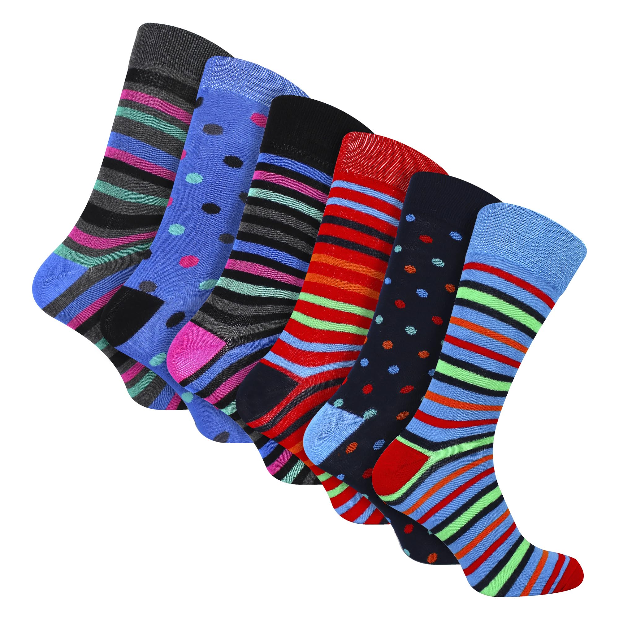 6 Pairs Mens Soft Bamboo Patterned Crew Socks | Striped Bright & Colourful Desig