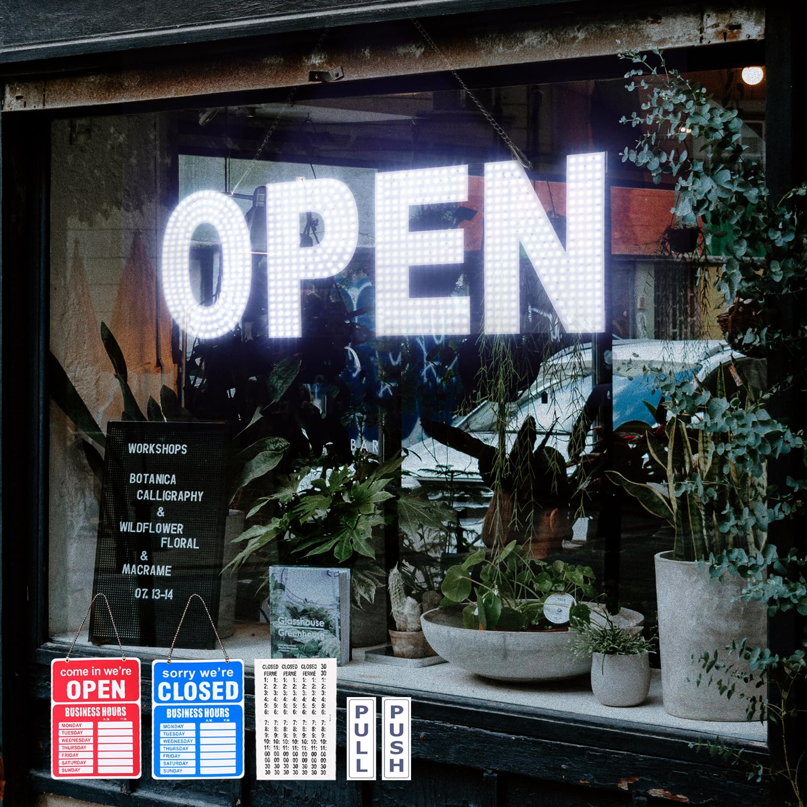 Open Signs for Business, 30"x10" Dimmable Large LED Open Light Up Sign with Hang