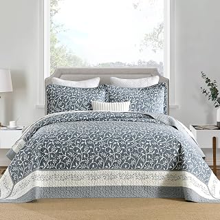 100% Cotton Oversized Quilt 128"x120", Extra Large Cal King Bedspread, Farmhouse Botanical Bed Spreads Coverlet, Lightweight Quilted Bedding Cover, 3 Piece, Grayish Blue/White