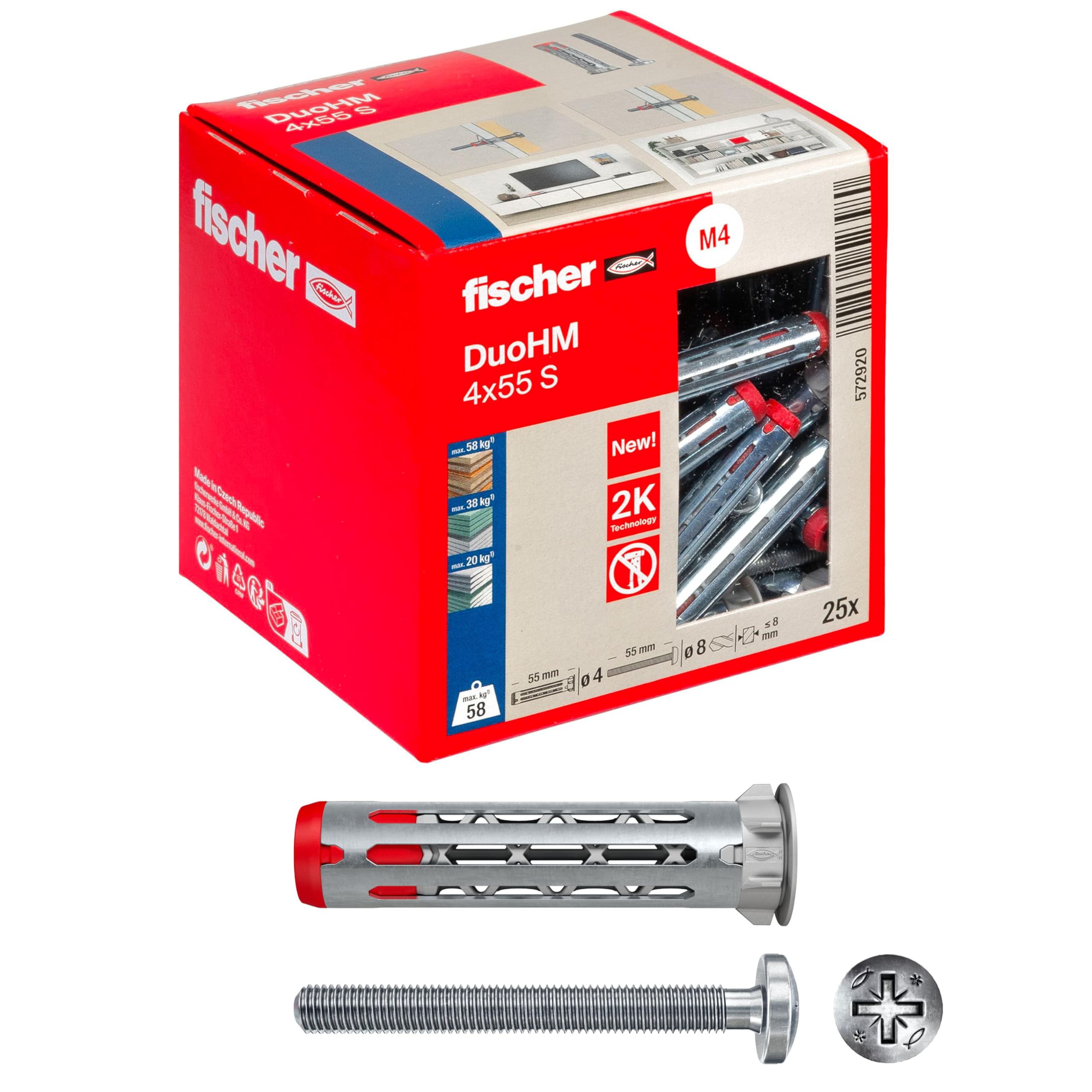 Fischer DuoHM 572920 Ø8 mm with POZI Cross Screw M4 x 55 mm, 25 Dowels for Plast