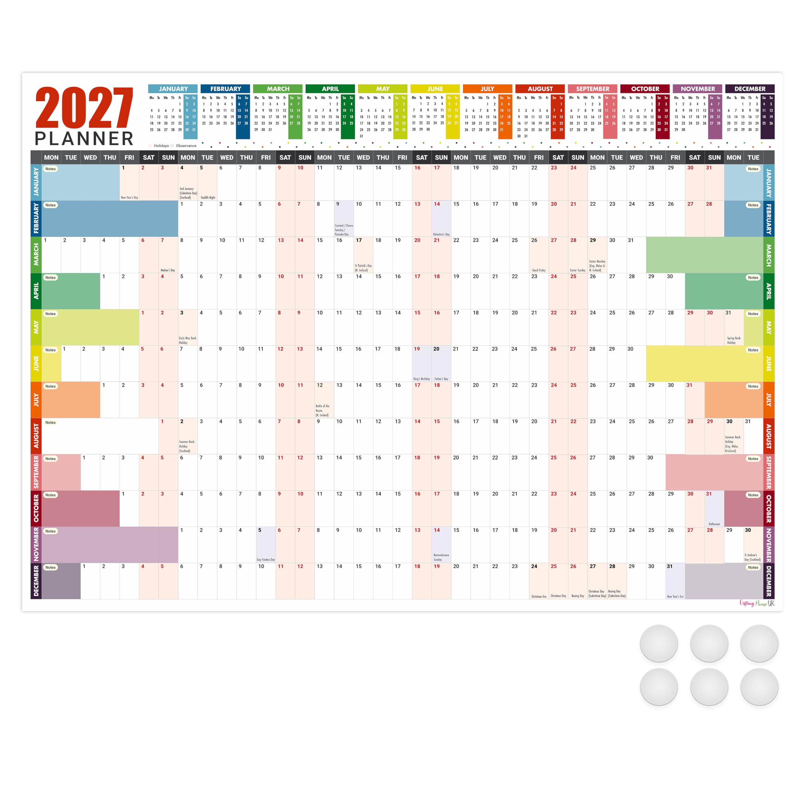 Giftinghouse 2027 Wall Planner UK A1 Year to View - Jan 2027 To Dec 2027 Large 8