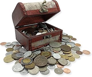 IMPACTO COLECCIONABLES Coin Collection - World Currency Treasure Chest with 2Lb. - Collectible Circulated Coins - 4.7 x 3.5 x 3.5 Decorative Wooden Box - Antique Coins for Collectors (COA Included)