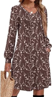 Zeagoo Fall Dresses for Women Long Sleeve Casual Pleated V Neck Dress 2026 A Line Tunic Dress