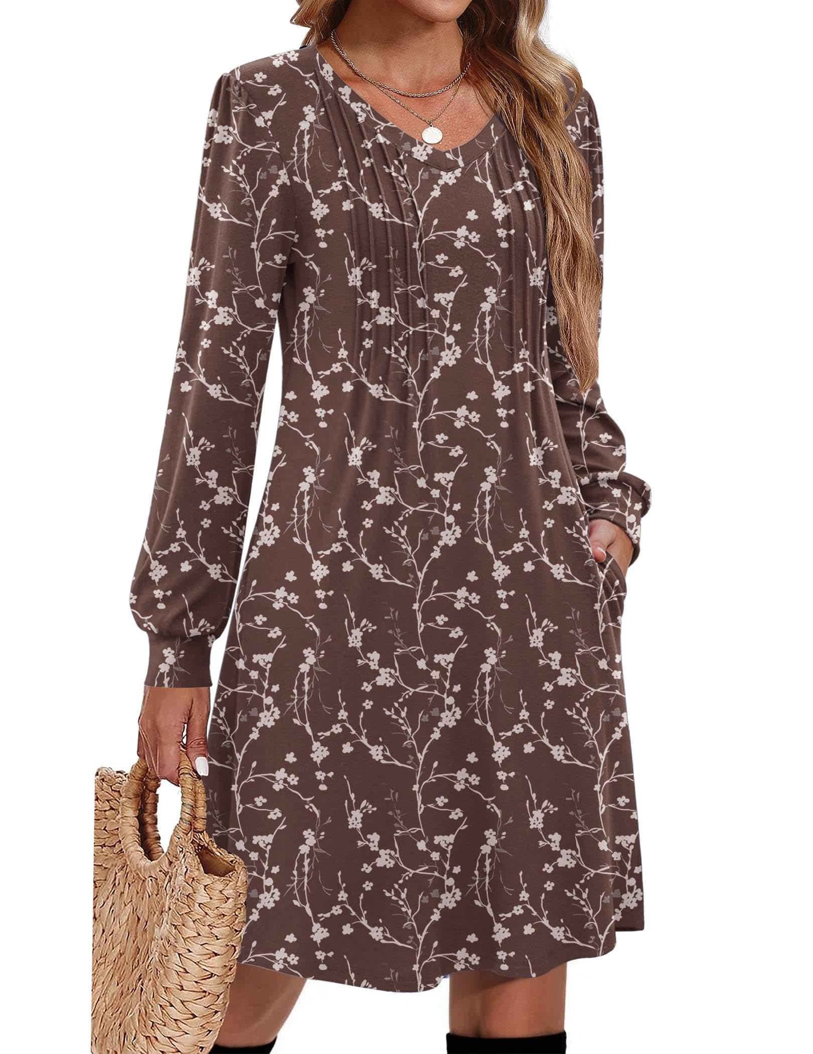 Zeagoo Fall Dresses for Women Long Sleeve Casual Pleated V Neck Dress 2026 A Lin