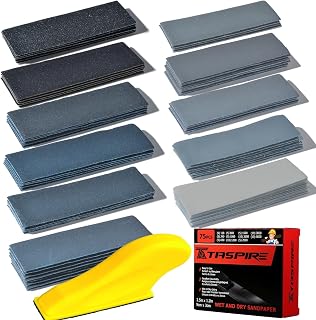 Taspire Wet and Dry Sandpaper 120 To 5000 Grit, 75 Pieces Wet and Dry Paper | 9 x 3 cm metal sandpaper with 1 small hand sanding block, mini tools suitable for tight spaces crevices, car sanding kit