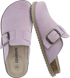 CUSHIONAIRE Women's Blain Genuine Suede Slip-On Clogs with + Memory Foam & Chic Buckle Mule - Comfortable, Non-Slip, Wide Widths Available, Lavender, 7