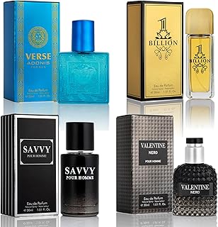 Signature Scent 4-Piece Mini Fragrance Set for Men Includes Savvy/1 Billion/Verse/Valentine Collection of Woody, Spicy, Citrus &amp; Aromatic Fragrance Non-Irritating Ingredient Each One in 30ml Bottle