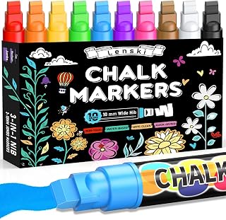 Lenski 10 Colour Liquid Chalk Pens for Blackboards, Stocking Fillers Kids | 10mm Washable Liquid Chalk Markers, Window, Glass, Chalkboards, 3-in-1 Reversible Tip, Christmas Stocking Stuffers for Boys