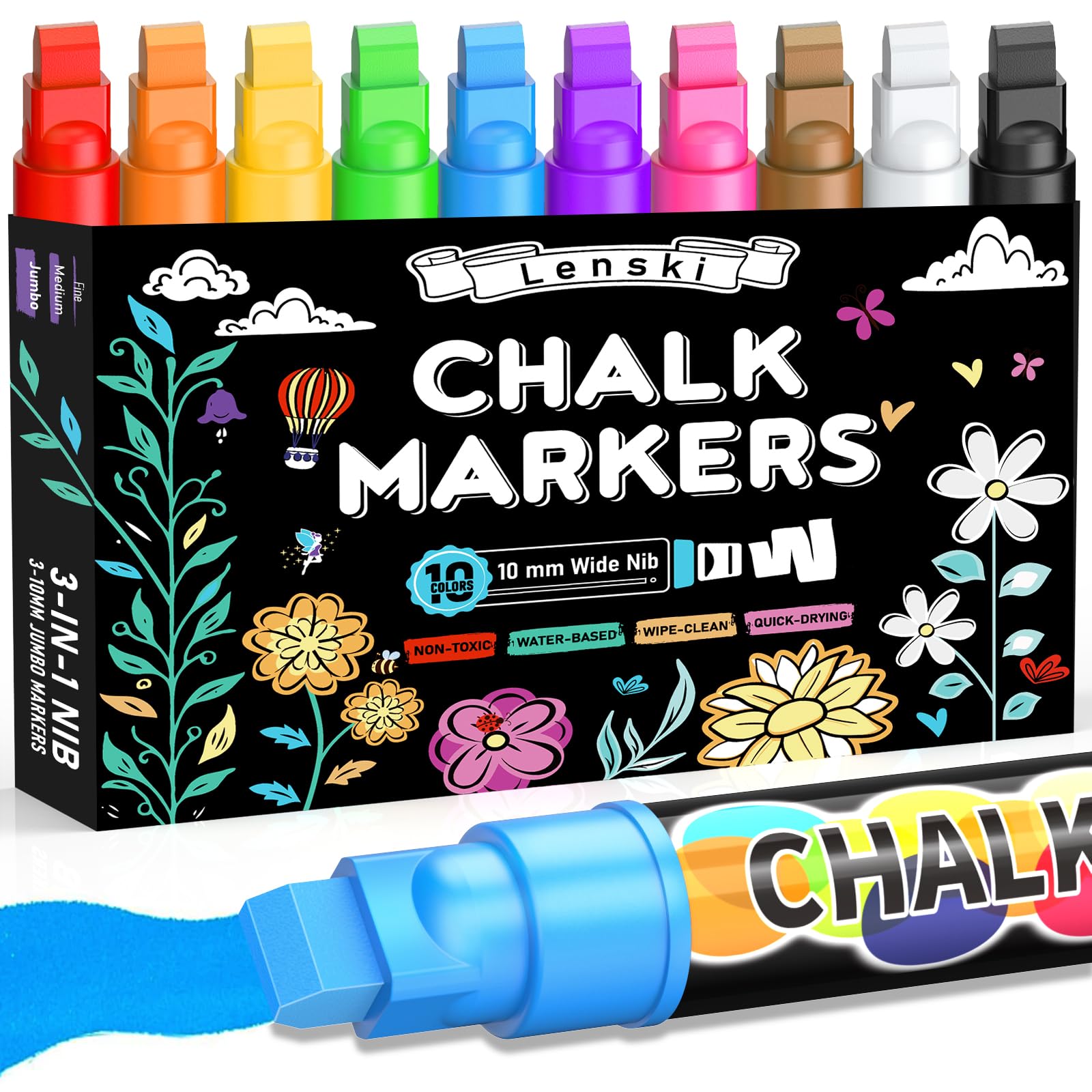 Lenski 10 Colour Liquid Chalk Pens for Blackboards, Stocking Fillers Kids | 10mm