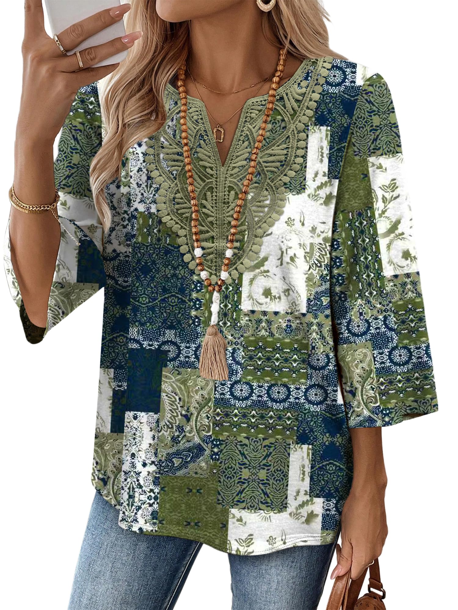 WIHOLL 3/4 Sleeve Blouses for Women V Neck Lace Top Summer Tops for Women