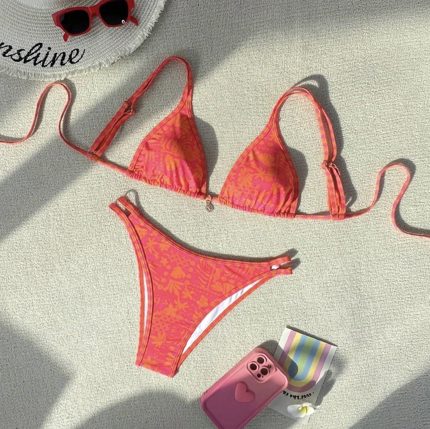 Women Sexy Two Piece Swimsuit Abstract Print Triangle Bikini Top and Tie Side Bo