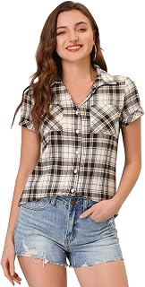 Allegra K Damen Kariertes Hemd Shirt Kariert Kurzarm Classic Oberteil mit Taschen Karo Bluse