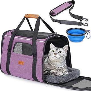 Morpilot Cat Carrier - Airline Approved, Top Opening Portable Dog Bag with Breathable Mesh/Removable Mat, Adjustable Shoulder Strap & Bowl, Foldable Travel Cage, M, Pink (Max 7kg)