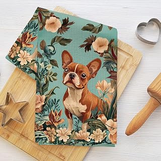 Retro Floral Kitchen Towel, French Bulldog Dish Cross Hand Towel, Bathroom, Home Farmhouse, Microfiber Absorbent Soft Dish Rug, Kitchen Laundry Dish, Dog Lover Gift