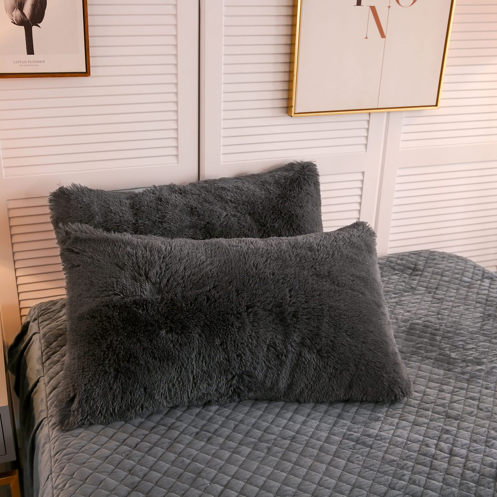 LIFEREVO Fluffy Faux Fur Standard Pillow Cases Set of 2, Dark Gray