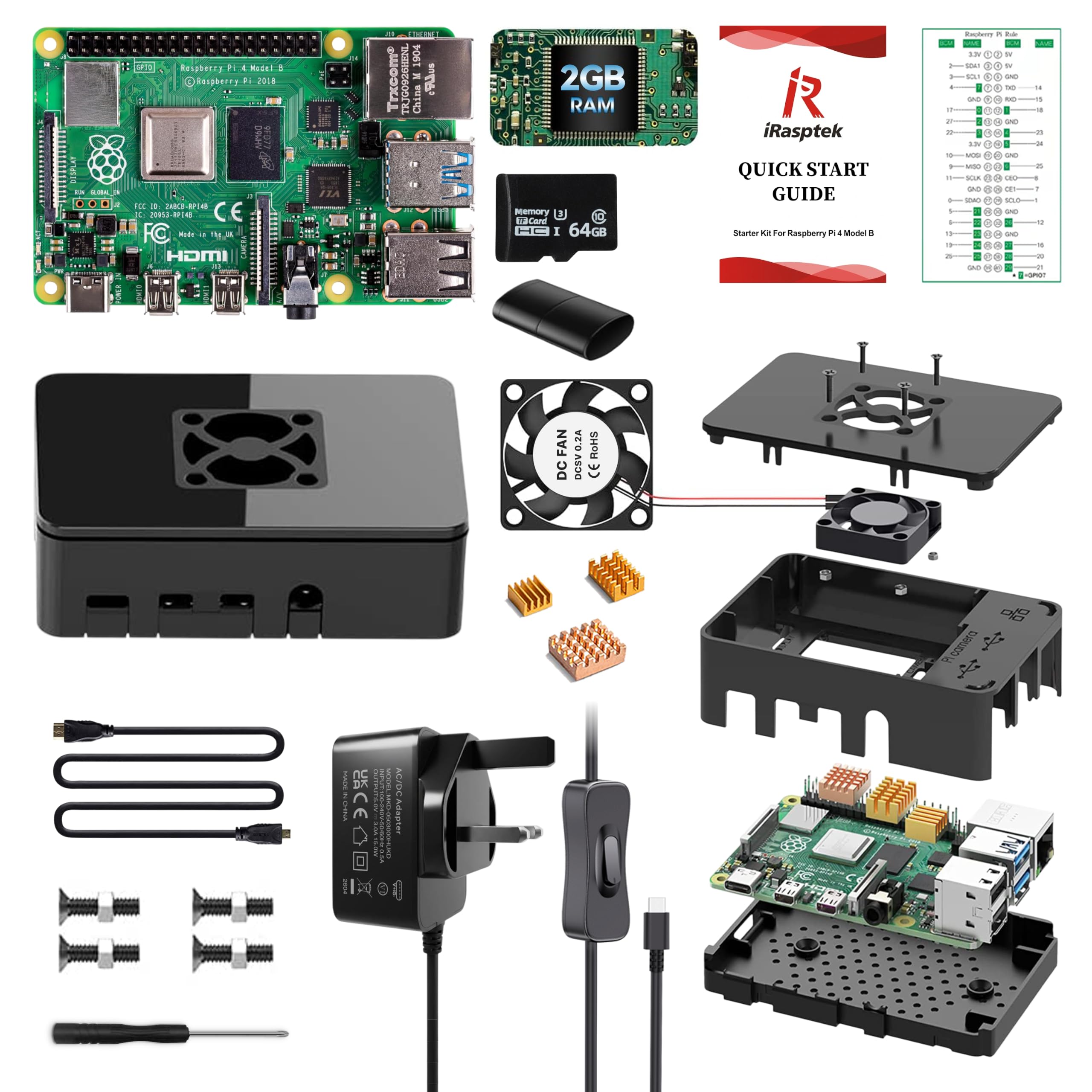 iRasptek Starter Kit for Raspberry Pi 4B 2GB RAM - 64GB SD Card Edition