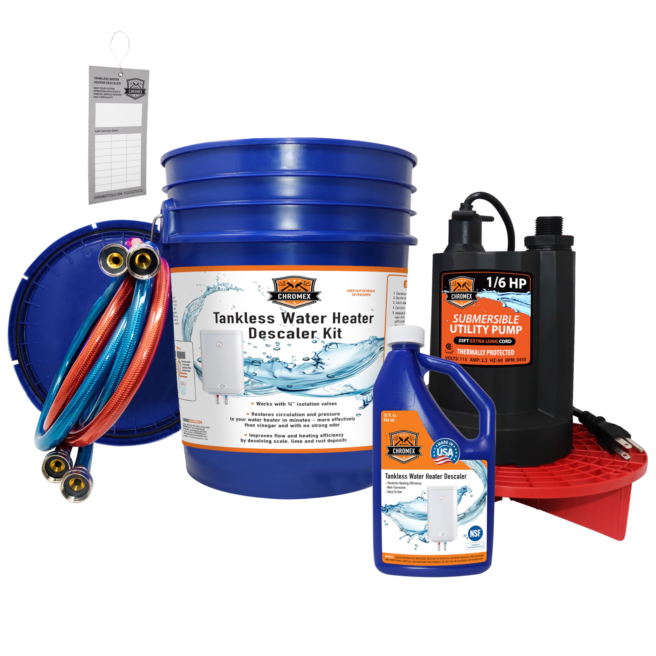Chromex Tankless Water Heater Flush Kit with NSF Certified Liquid Descaling Solu