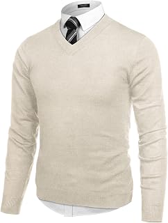 COOFANDY Suéter de manga larga con cuello en V para hombre, Caqui, Medium