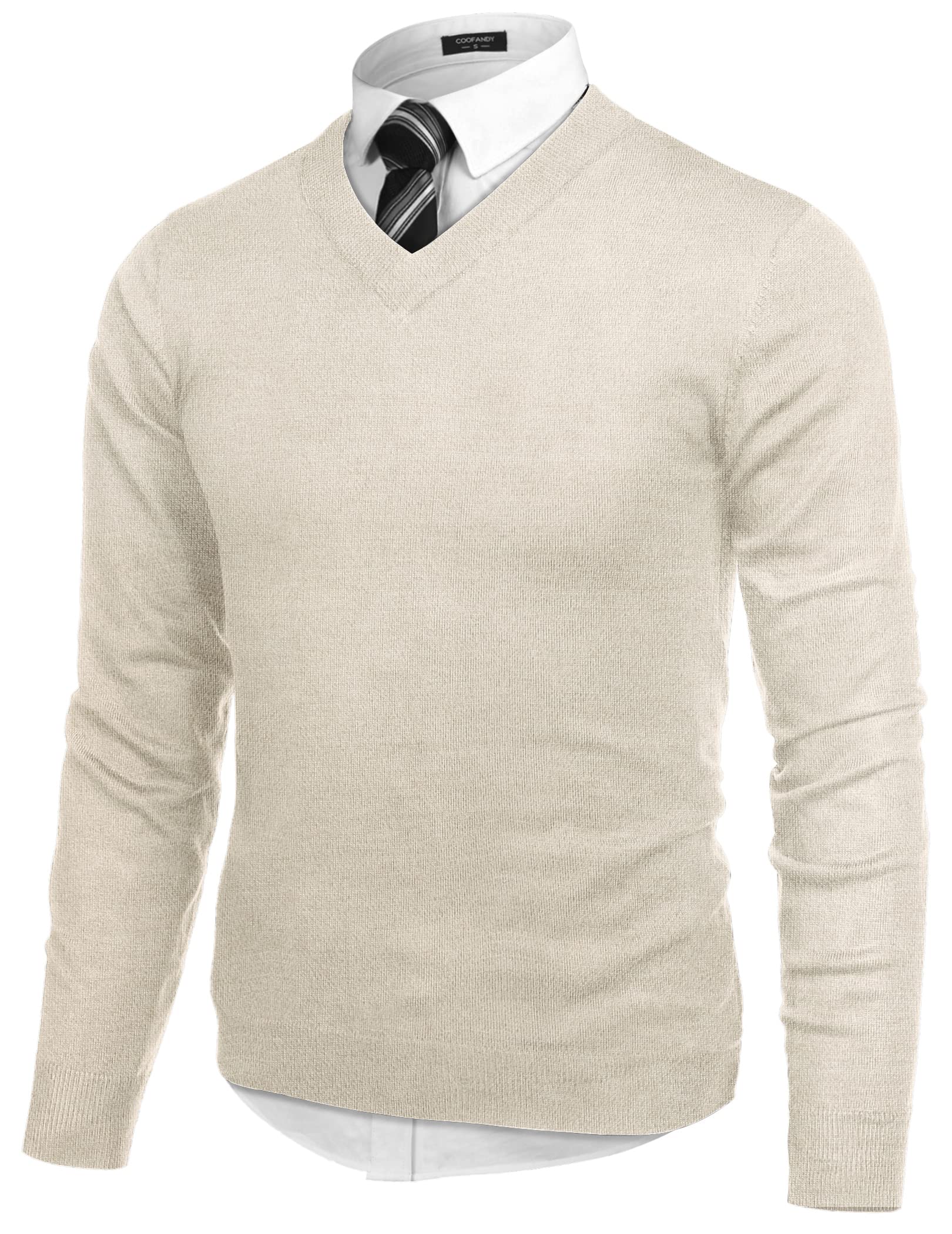 COOFANDY Suéter de manga larga con cuello en V para hombre, Caqui, Large