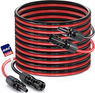 Solar Panel Extension Cable,10m 4mm² Solar Extension Cable IP68 Waterproof 12AWG Solar Cable with Female and Male Connectors,Solar Panels Photovoltaic Systems (Red + Black) (4mm²/10m)