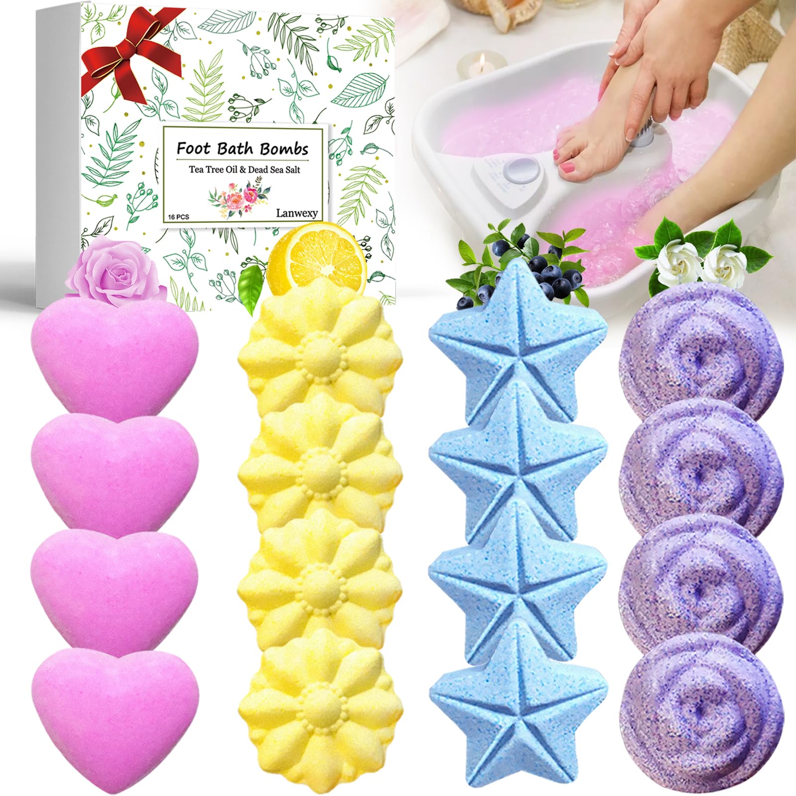 Lanwexy Bath Foot Bombs, 16 Pack Foot Soak with Bath Salt and Tea Tree Oil. Orga
