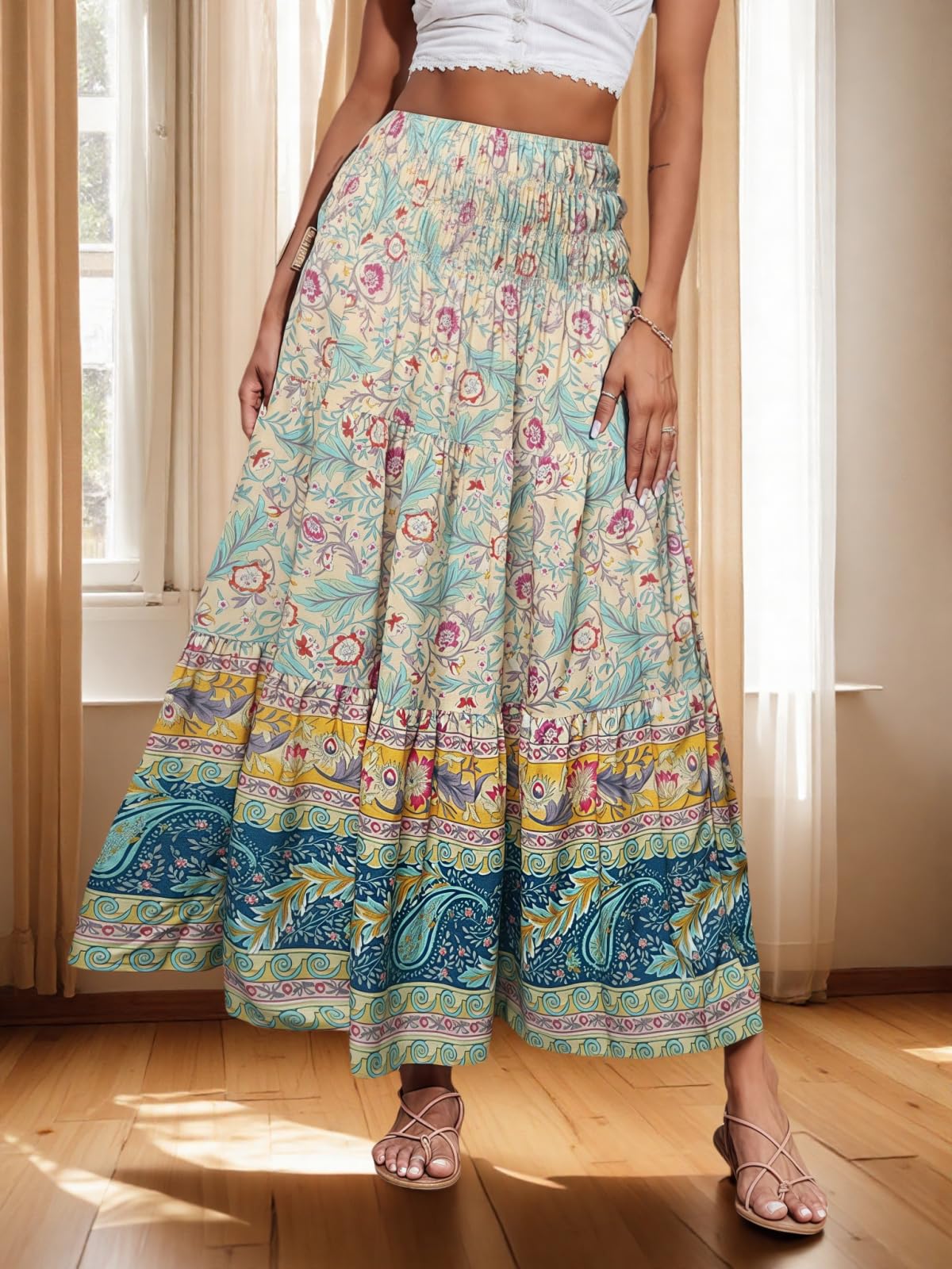 Womens Bohemian Long Skirts Flowy High Waist A Line Maxi Skirts for Women Fashio