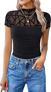 Avidlove Women's Short Sleeve Bodysuit Turtle Neck Body Suits Mesh One Piece Leotard Going Out Tops Date Outfits