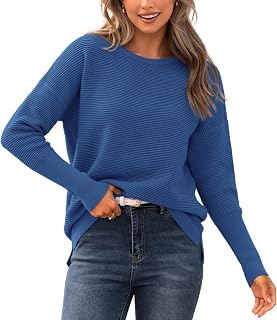BTFBM Casual Women's 2023 Autumn Pullover Long Sleeve Ribbed Knit Pullover Loose Crew Neck Batwing Split Pullover