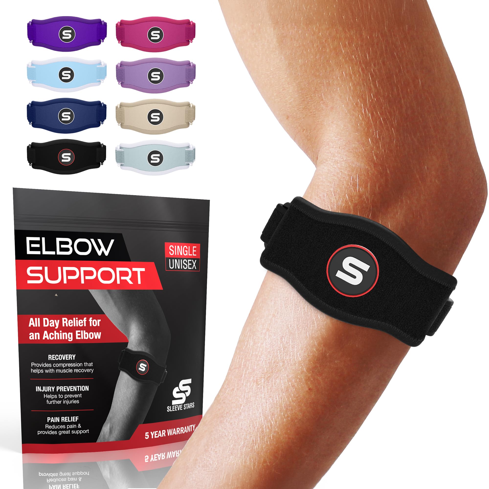 Sleeve Stars Tennis Elbow Brace for Men & Women, Fits 9"-23" (Single/Black) | Ad