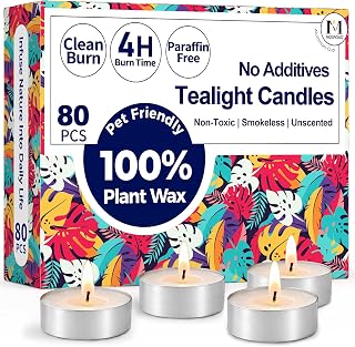 MOSROAD Tea Lights Candles 80 Pack, 4 Hour Palm Wax Tealights | Natural Unscented Small Votive, Clean Burn for Home Decor, Non Toxic White Tea Lights for Wedding, Emergency, Hanukkah
