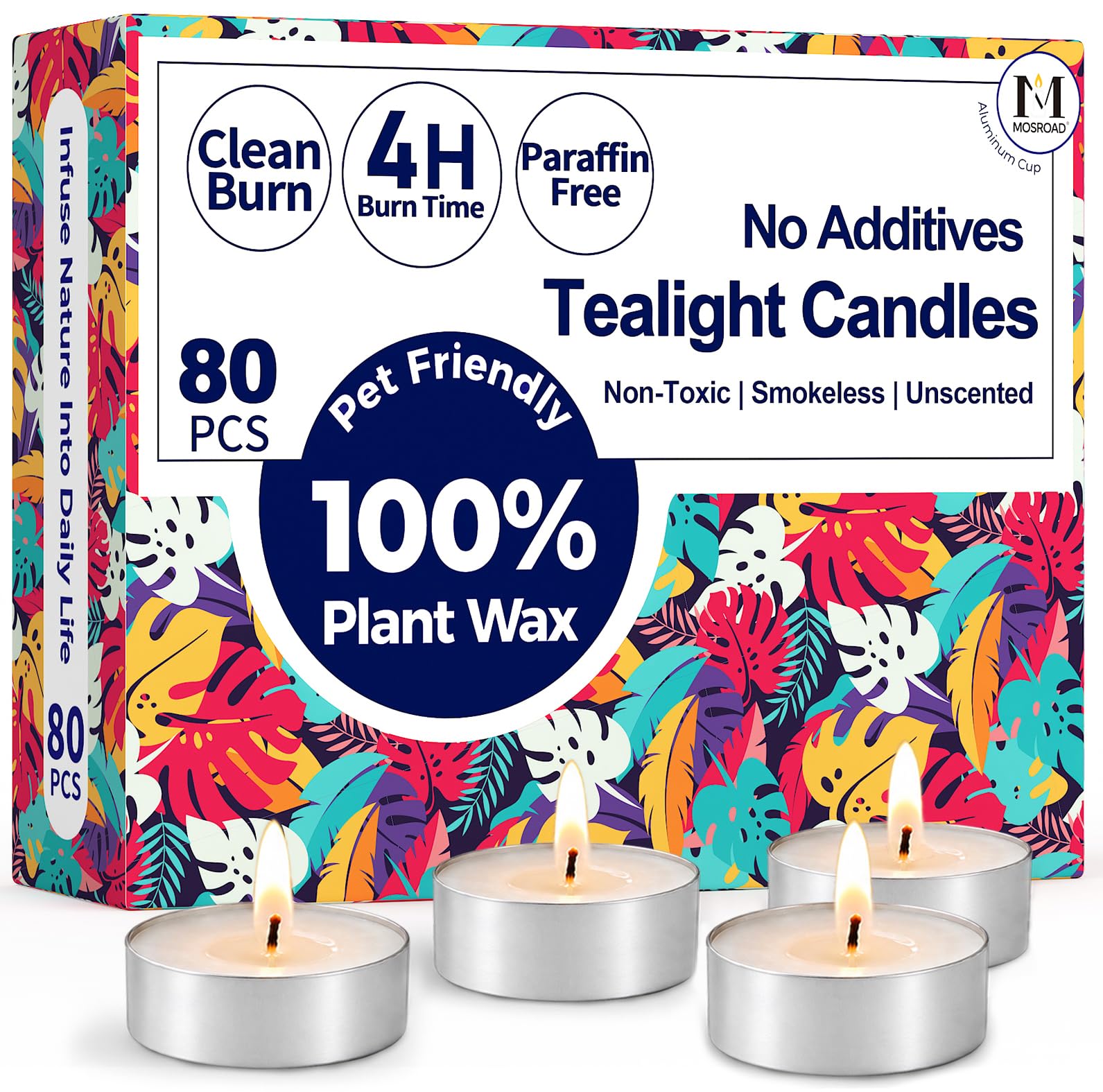 MOSROAD Tea Lights Candles 80 Pack, 4 Hour Palm Wax Tealights | Natural Unscente