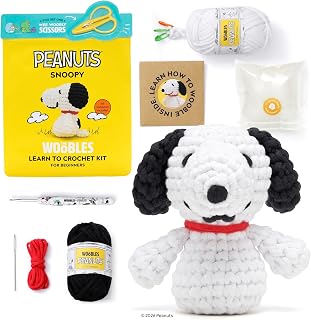 The Woobles Peanuts Snoopy Crochet Kit for Beginners | As seen on Shark Tank, Officially licensed Peanuts, Easy Peasy Yarn, Pre-started piece, Custom Snoopy hook, Videos