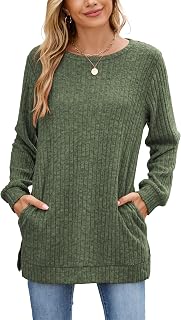 Famulily Women's Long Sleeve Elegant Crew Neck Ribbed Jumper with Loose Side Slits with Pockets