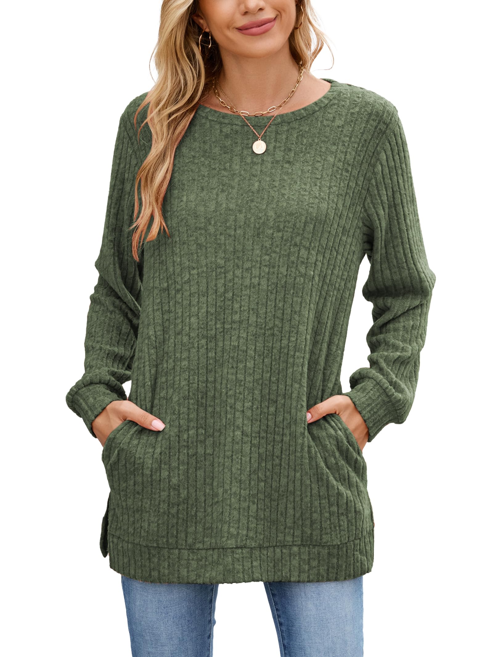Famulily Women's Long Sleeve Elegant Crew Neck Ribbed Jumper with Loose Side Sli