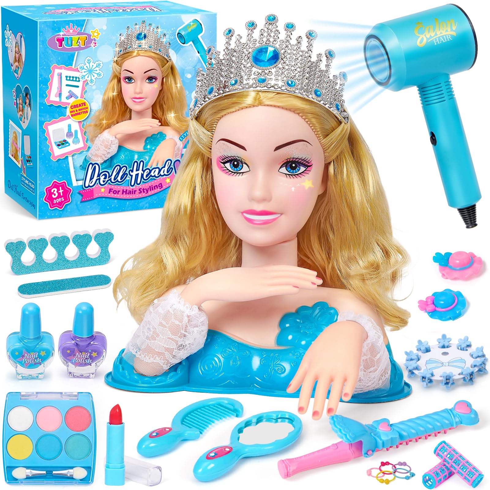 Cleboen Doll Head for Hair Styling Kids, 32Pcs Hair Salon Toy with Real Washable