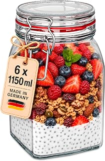 WELLGRO Preserving Jars with Swing Top Square, Fermenting Glass, Storage Jars with Lid, Swing Jar, Jars with Lid, Made in Germany (1150 ml x 6 Pieces)