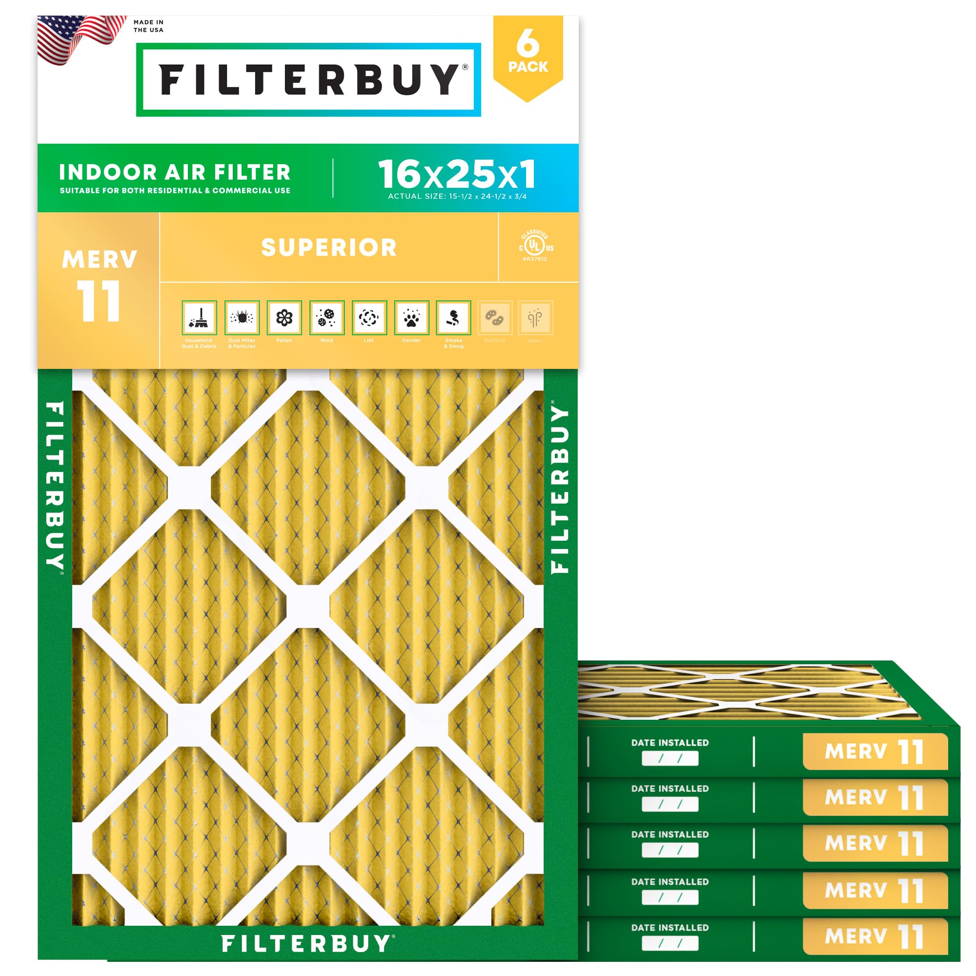 Filterbuy 16x25x1 Air Filter MERV 11 Pet & Allergy Defense (6-Pack) | Electrosta